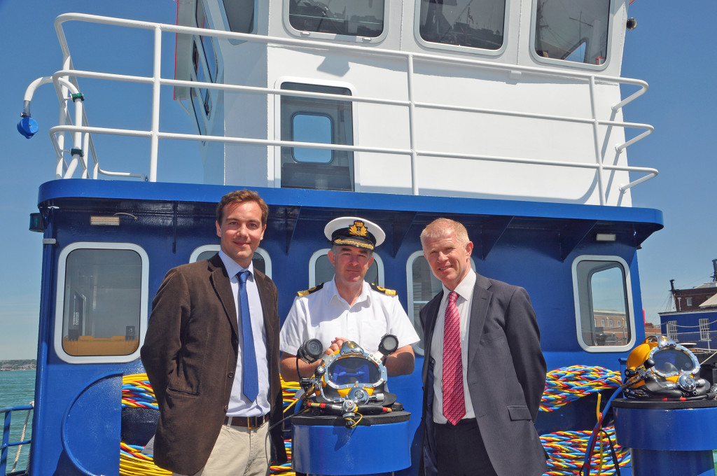 A ceremony to herald the arrival of a specialist workboat Tedworth built by Meercat Workboats took place in Portsmouth Naval Base. From left Meercat Workboats Operations Director James Lewis, Naval Base Commander, Commodore Jeremy Rigby and BAE Systems Business Case Development Manager Nigel Pierce.