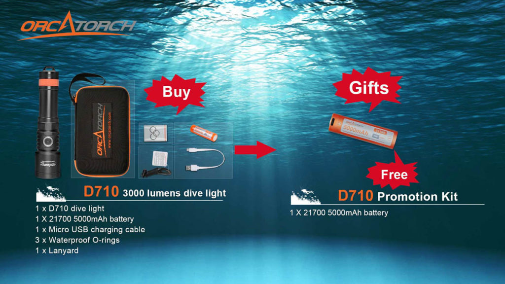Buy OrcaTorch D710 Dive Light, Get a 21700 5000mAh Battery Free