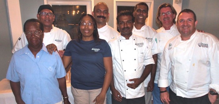 At the Sister Islands Cookoff are (L-R) SCC’s Ms. Merilda Messias, Ms Joan Muir, Chef Francisco Diaz, Chef Manuel D’Souza and SCC’s Executive Chef Anu Christopher with the Cook-off Judges: Shetty Vidyadhara, Head of the Cayman Culinary Society, Owner of Blue Cilantro on Seven Mile Beach; Keith Griffen, Vice President Cayman Culinary Society, Manager of the Cayman Culinary Team; Wayne Jones O’Connor, Owner-Chef of Food For Thought Catering, Grand Cayman’s Premier Catering House.