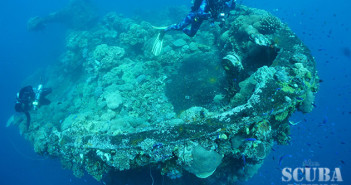 The bow of the Fujikawa Maru with docking telegraph and breech-loading 6-inch gun aft, the date 1899 is still visible. © Ewan Rowell