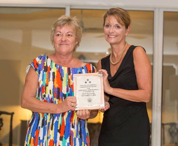 Divetech's Nancy Easterbrook receiving her Grand Cayman Tourism Conservation Award.