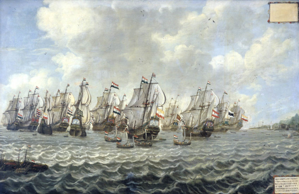 Oil painting on canvas depicting the VOC return fleet from Batavia under the command of Wollebrant Geleijnssen or Geleijnsz de Jongh (*1594 †1674) that reached Table Bay in March 1648. From l. to r.: the flute Koning van Polen, on which Jan van Riebeeck sailed; the return ship Zutphen; the flute Noordmunster; the return ships Tijger and Rotterdam; the flagship Walvis; and Vrede, Oranje, Enkhuizen, Westfriesland, Delft and Henriette Louise. The painting, which is not dated and executed by an unknown artist possibly around 1674, measures 1352 x 2057mm. (Stedelijk Museum Alkmaar, inv. nr. 20636. Reproduced with permission from the Stedelijk Museum Alkmaar).