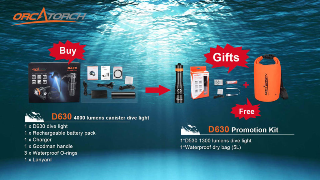 Buy OrcaTorch D630 Dive Light, Get a D530 and a 5L Waterproof Bag Free