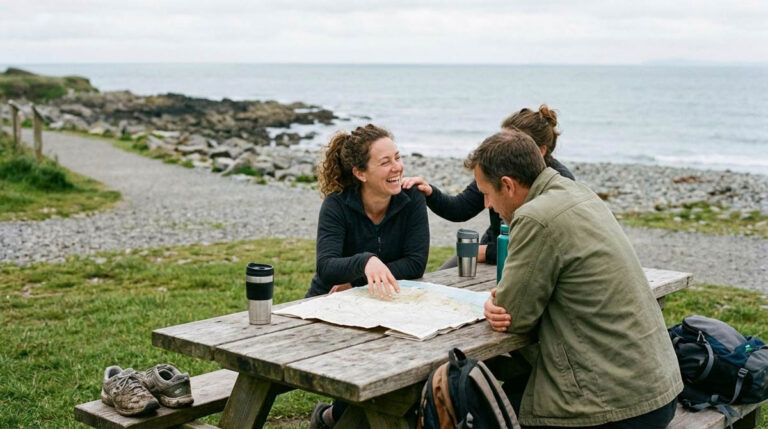 How to Organize a Dive Club Charity Run for Ocean Conservation three people study a paper map at a coastal picnic table