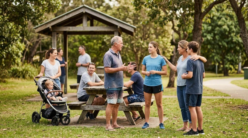group of families chatting together at a park picnic shelter