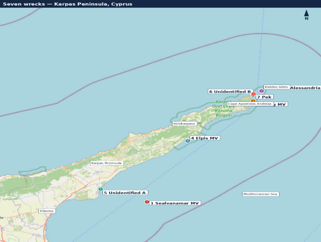 Map of the Karpaz Peninsula in Cyprus showing recorded shipwreck locations near Cape Apostolos Andreas