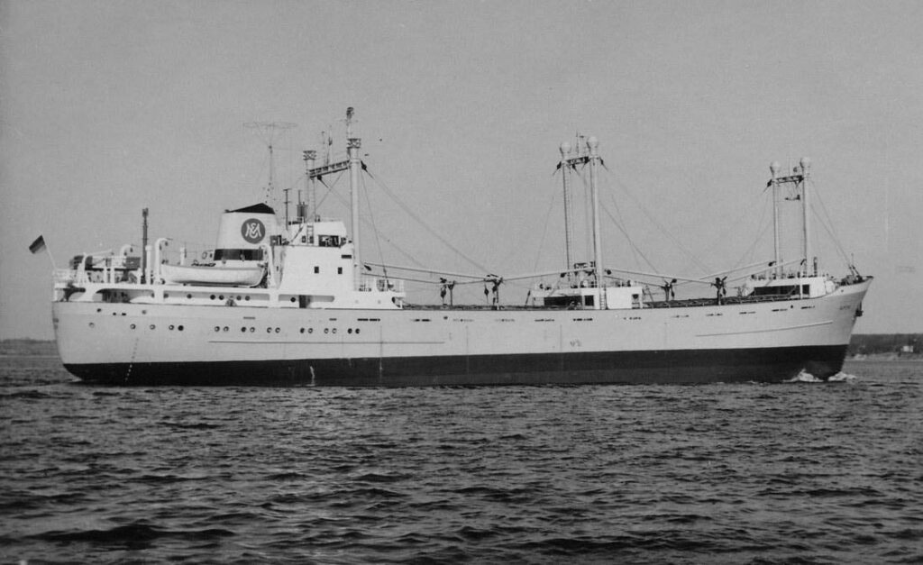 Black-and-white side-view photograph of the cargo ship MS Ramona at sea