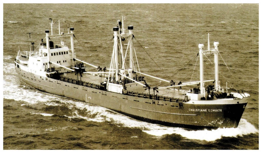 Historical photograph of the cargo ship Christiane Schulte underway before its later loss as MV Città di Alessandria