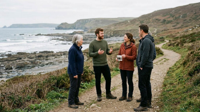 5 Money-Making Ideas for a Dive Community Fundraiser group of four chats on a coastal hiking trail above the sea