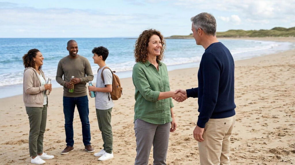 group chats while a woman shakes hands with a man on a beach
