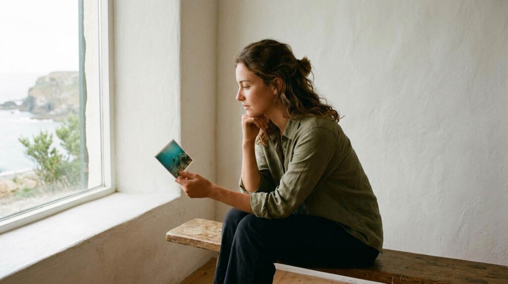 woman sits by window studying a small printed underwater photo