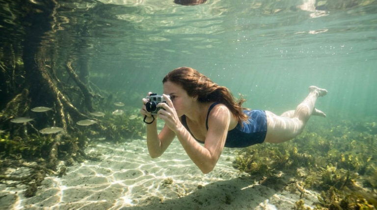 woman swims underwater aiming a camera over sandy seabed